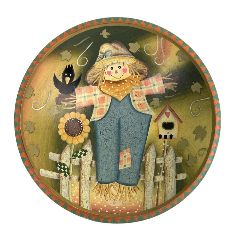 Vintage Scarecrow Bowl Fall Folk Art Crow Farmhouse Hand Painted Wooden Decor